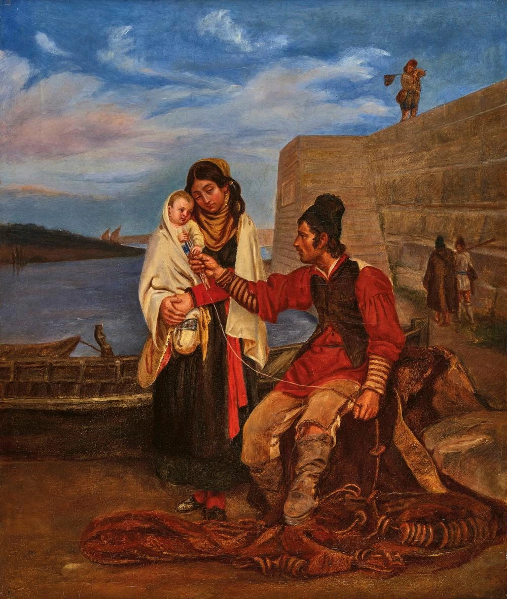 Famiglia di pescatori sull'alveo
